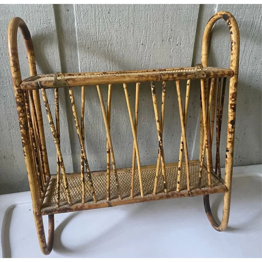 Vtg Tortise Shell Bamboo Boho Tiki Cane Rattan Wicker 2 level Wall Shelf w/ Towe
